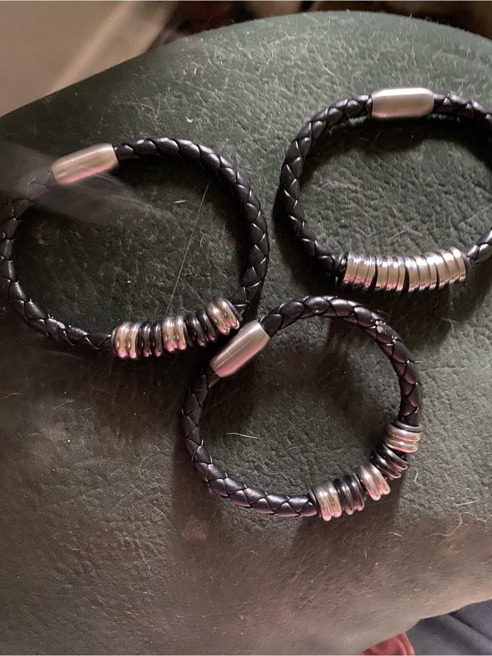 Black Braided Leather Bracelet with Silver Accent Beads